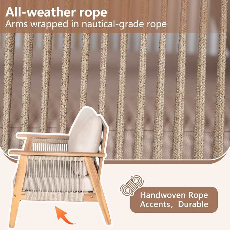 4-Piece Acacia Wood Patio Conversation Set with Rope Woven Chairs, Cushions & Coffee Table, Teak Beige