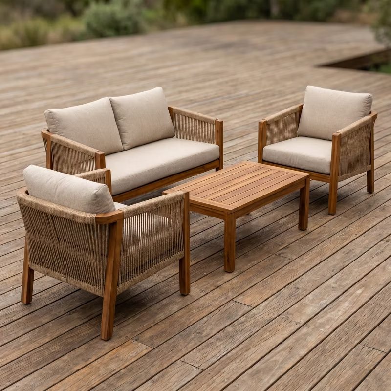 4-Piece Acacia Wood Patio Conversation Set with Rope Woven Chairs, Cushions & Coffee Table, Teak Beige