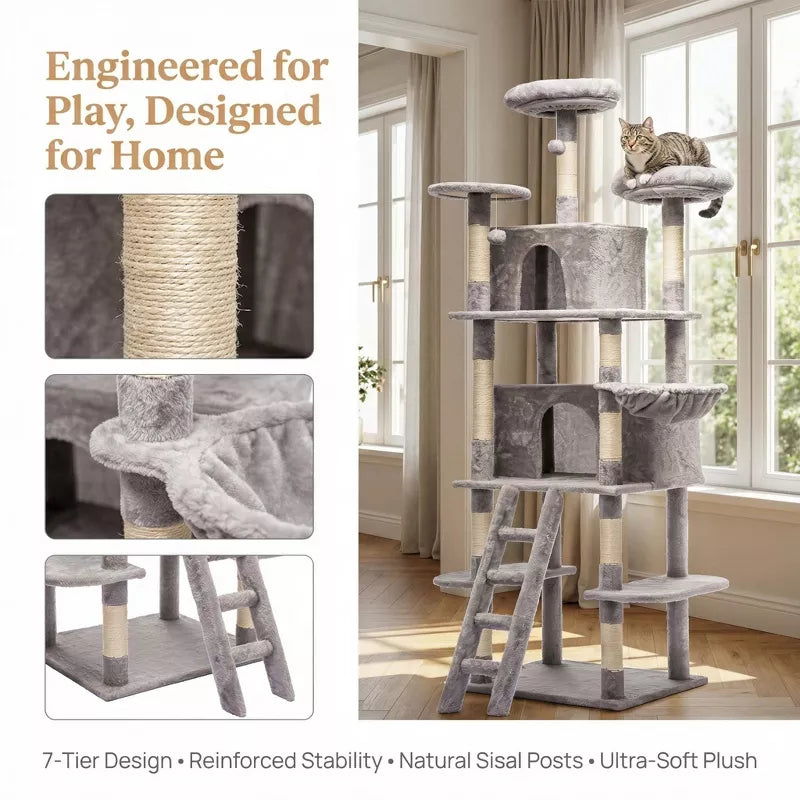 71" Multi-Level Cat Tree Tower – Condo, Hammock, Perches & Sisal Scratching Posts