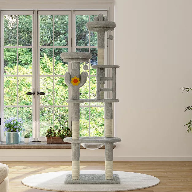 72" Cactus Cat Tree with Space Capsule, Sisal Scratching Posts Multi-Level Tower