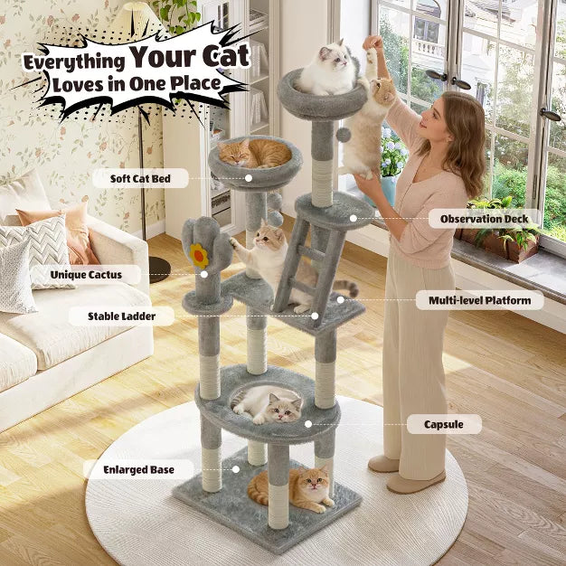 72" Cactus Cat Tree with Space Capsule, Sisal Scratching Posts Multi-Level Tower