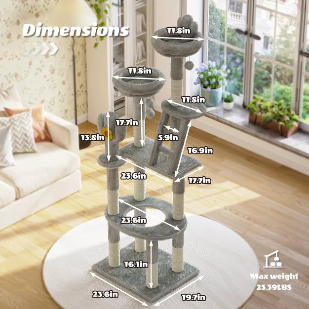 72" Cactus Cat Tree with Space Capsule, Sisal Scratching Posts Multi-Level Tower