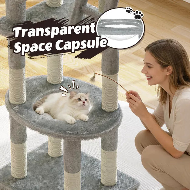 72" Cactus Cat Tree with Space Capsule, Sisal Scratching Posts Multi-Level Tower