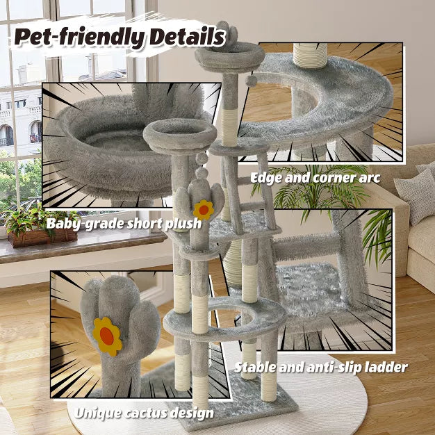 72" Cactus Cat Tree with Space Capsule, Sisal Scratching Posts Multi-Level Tower
