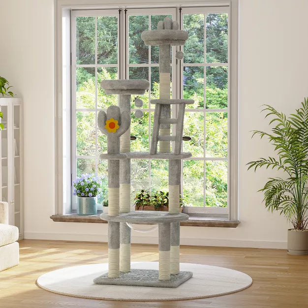 72" Cactus Cat Tree with Space Capsule, Sisal Scratching Posts Multi-Level Tower