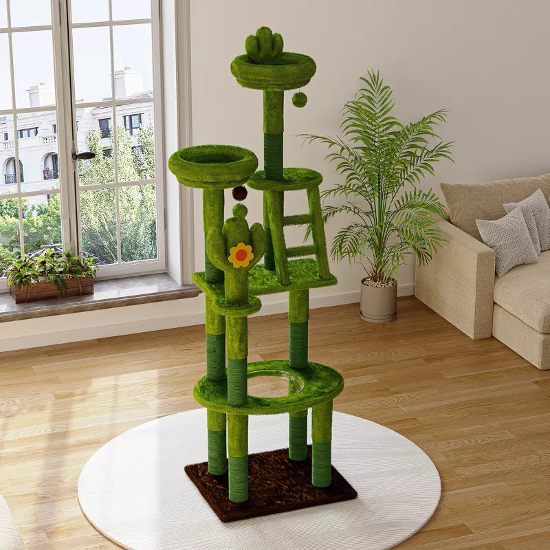 72" Cactus Cat Tree with Space Capsule, Sisal Scratching Posts Multi-Level Tower
