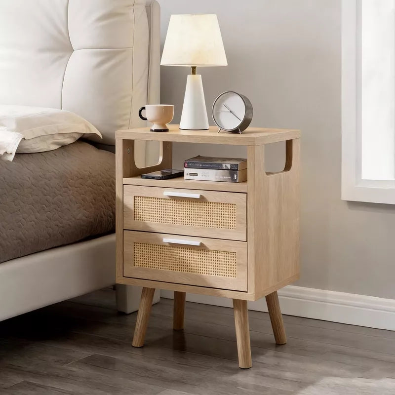 Set of 2 Modern Bedside Tables: Rattan 2-Drawer Scandinavian Nightstands