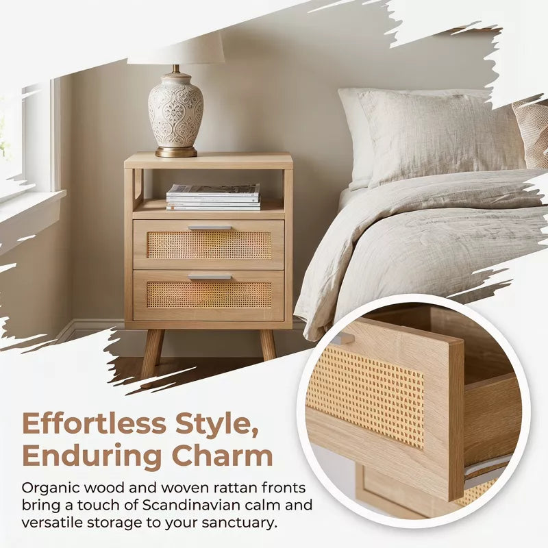 Set of 2 Modern Bedside Tables: Rattan 2-Drawer Scandinavian Nightstands