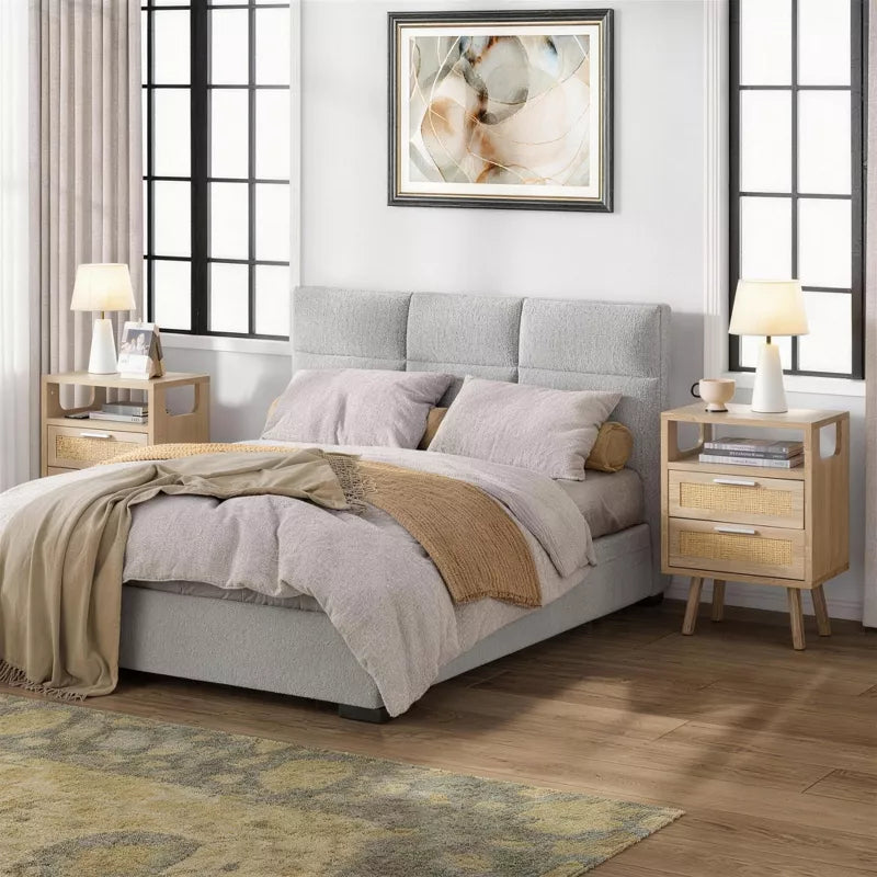 Set of 2 Modern Bedside Tables: Rattan 2-Drawer Scandinavian Nightstands