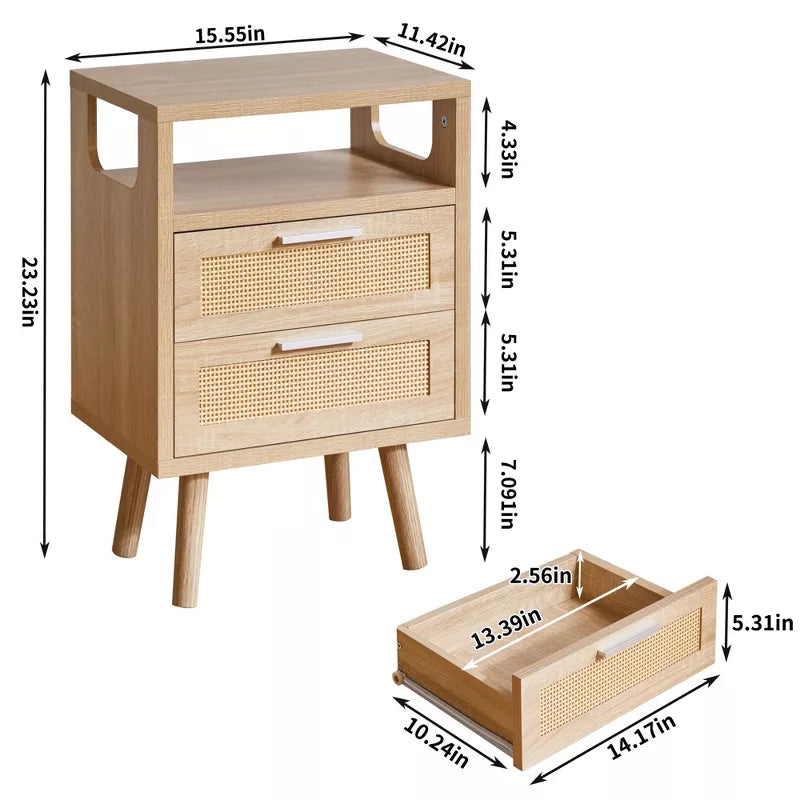 Set of 2 Modern Bedside Tables: Rattan 2-Drawer Scandinavian Nightstands