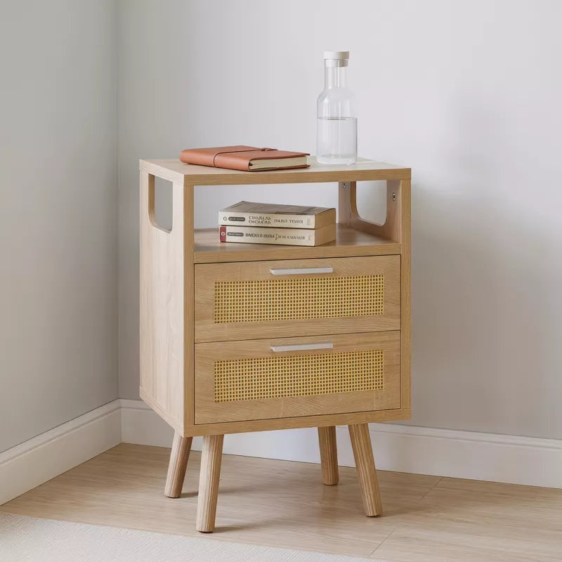 Set of 2 Modern Bedside Tables: Rattan 2-Drawer Scandinavian Nightstands