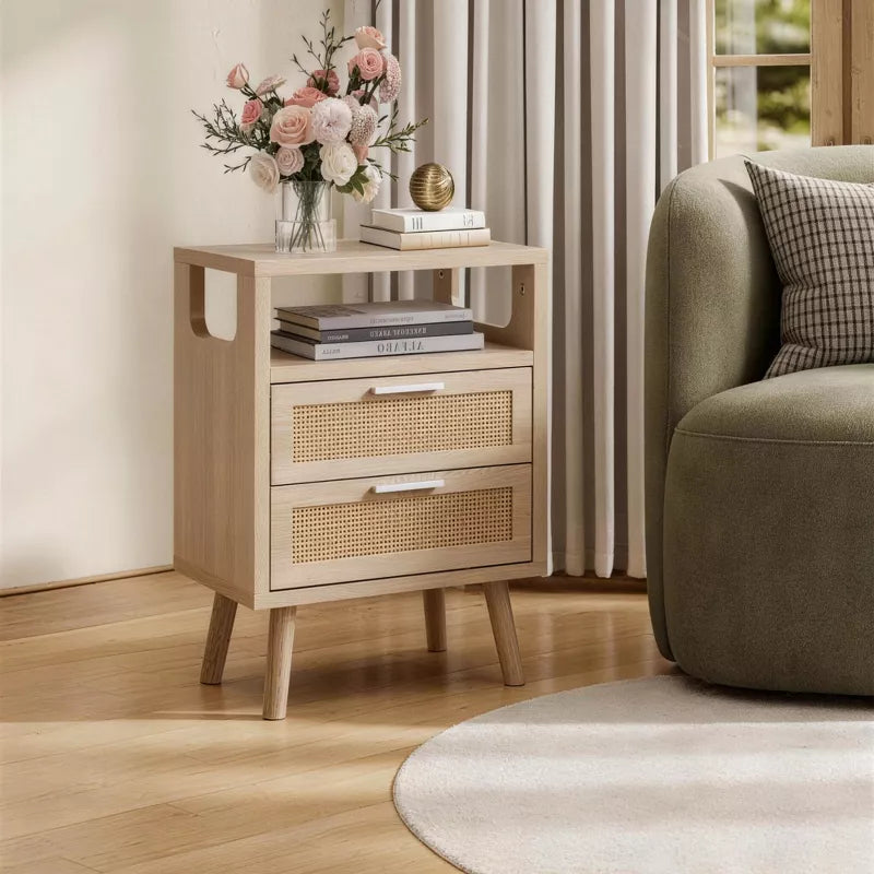 Set of 2 Modern Bedside Tables: Rattan 2-Drawer Scandinavian Nightstands