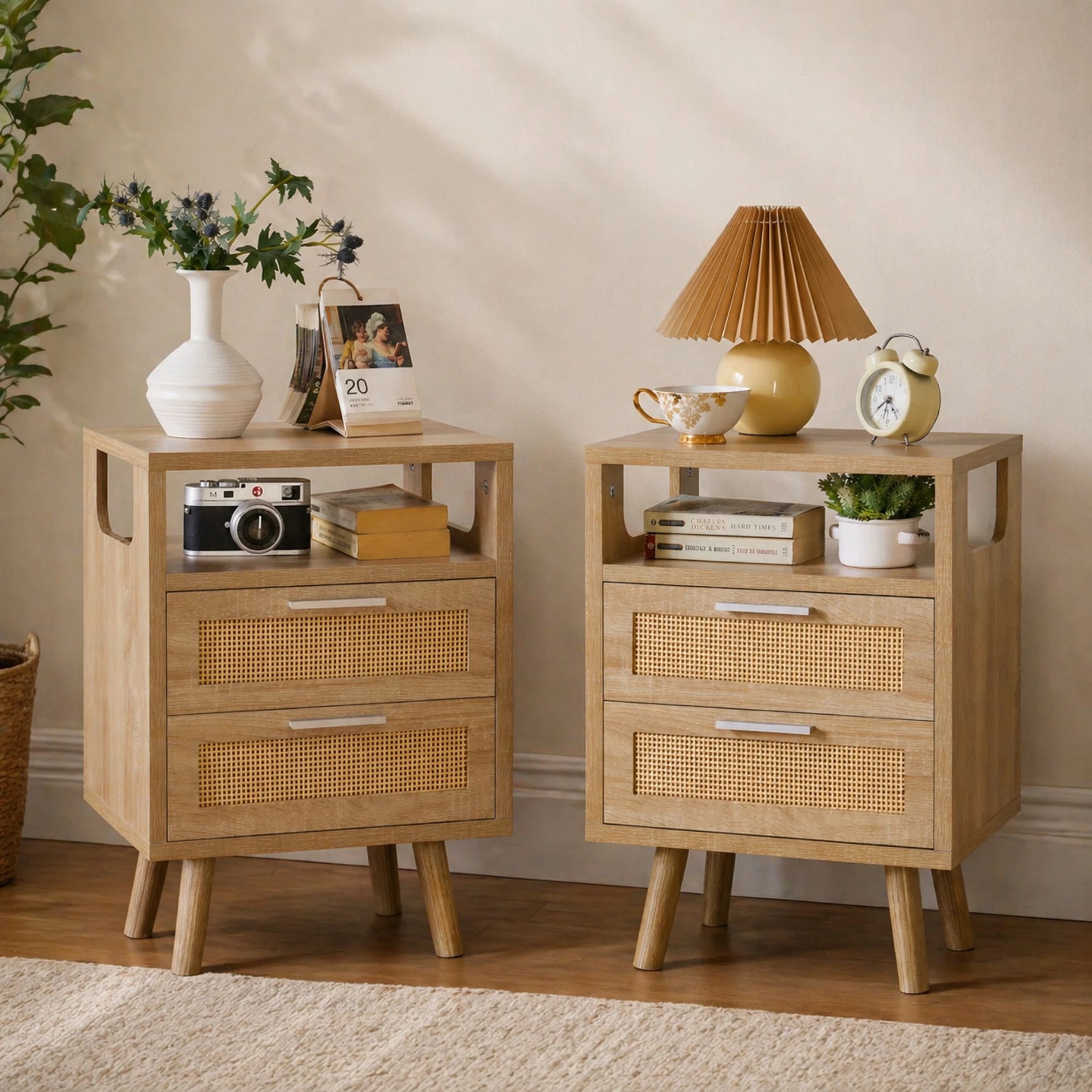 Set of 2 Modern Bedside Tables: Rattan 2-Drawer Scandinavian Nightstands