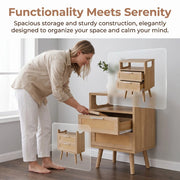 Set of 2 Modern Bedside Tables: Rattan 2-Drawer Scandinavian Nightstands