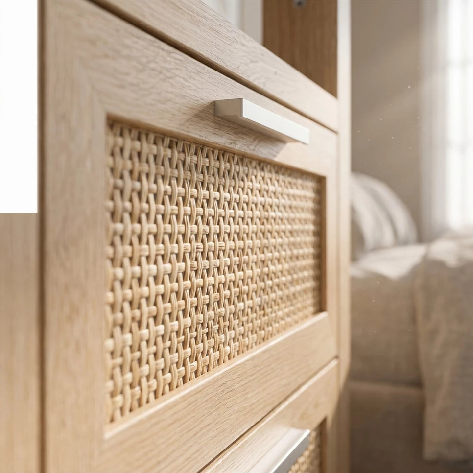 Set of 2 Modern Bedside Tables: Rattan 2-Drawer Scandinavian Nightstands