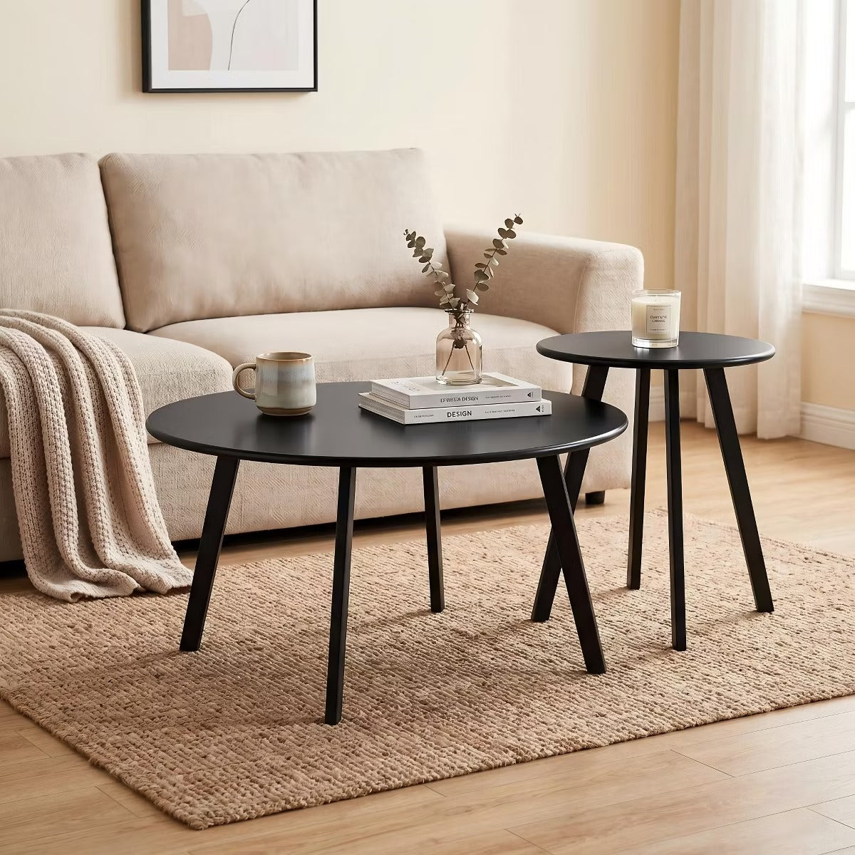 Nesting Coffee Table Set for Small Spaces, Modern Black Metal