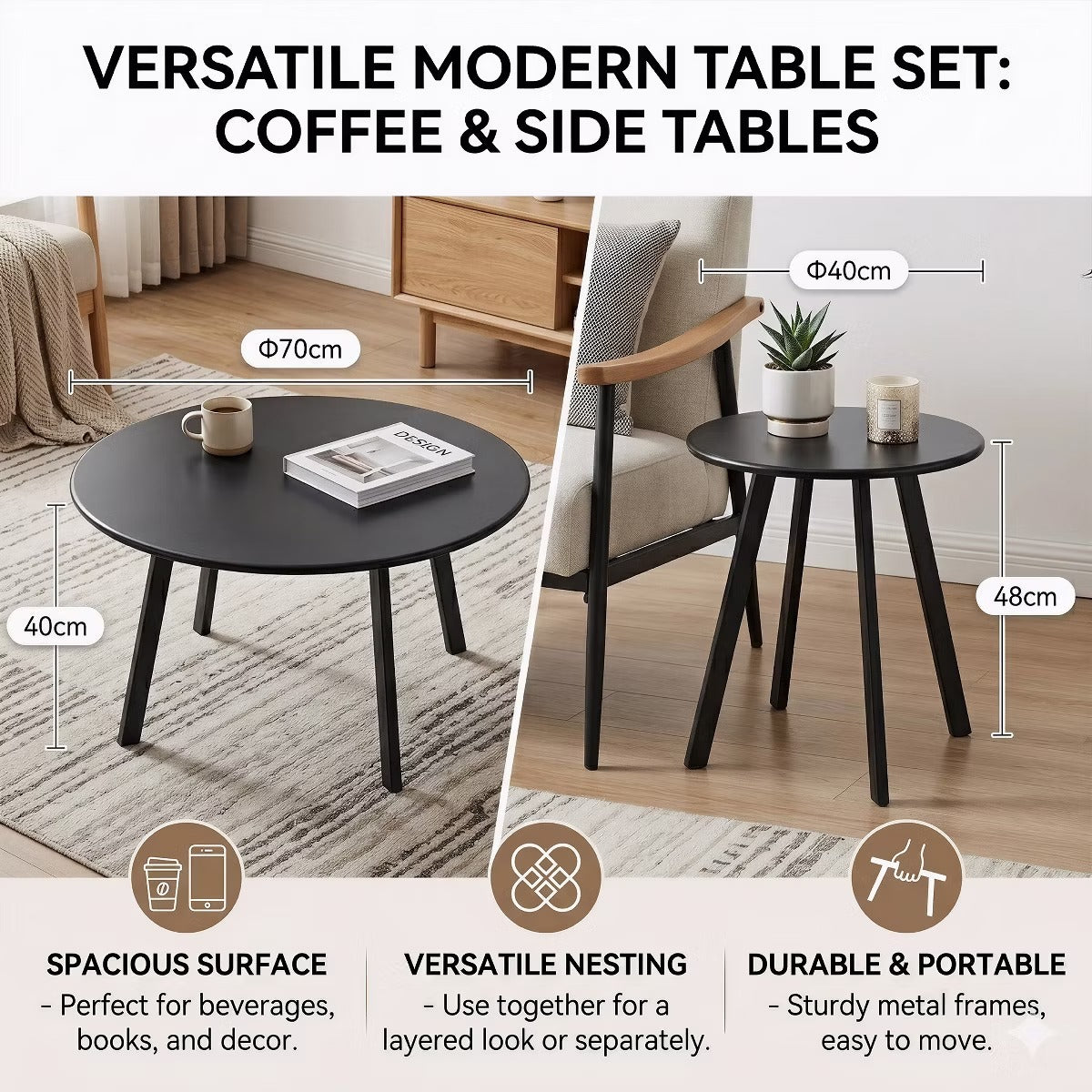 Nesting Coffee Table Set for Small Spaces, Modern Black Metal