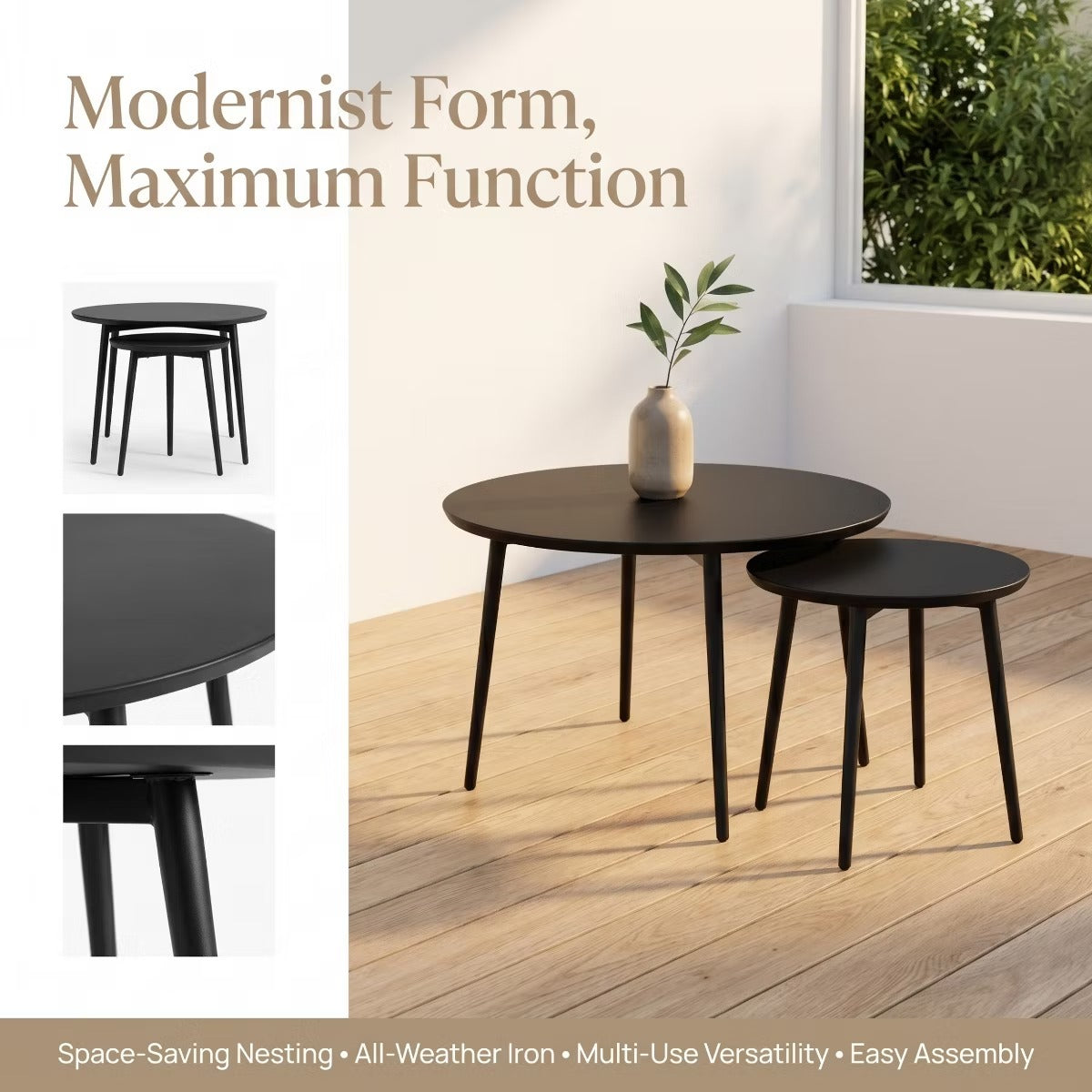 Nesting Coffee Table Set for Small Spaces, Modern Black Metal