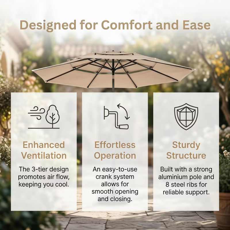 10ft Aluminum 3-Tier Auto-Tilt Outdoor Patio Umbrella – Great Gift for Backyard, Pool, Deck or Market Table – Easy Shade for Dining, Garden Gatherings