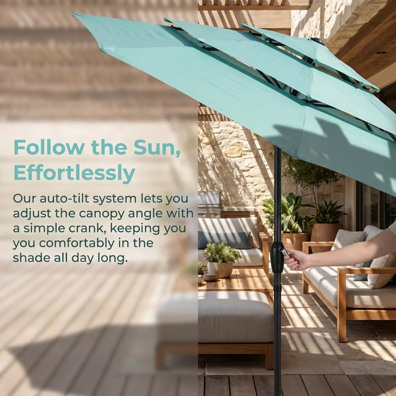 10ft Aluminum 3-Tier Auto-Tilt Outdoor Patio Umbrella – Great Gift for Backyard, Pool, Deck or Market Table – Easy Shade for Dining, Garden Gatherings