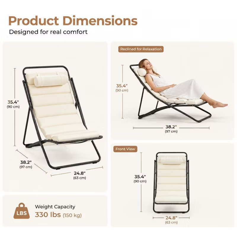 2-Piece Outdoor Folding Lounge Chairs with Cushions & Adjustable Back – Black Frame Patio Chairs for Pool, Backyard, Deck, Camping