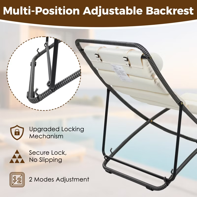 2-Piece Outdoor Folding Lounge Chairs with Cushions & Adjustable Back – Black Frame Patio Chairs for Pool, Backyard, Deck, Camping