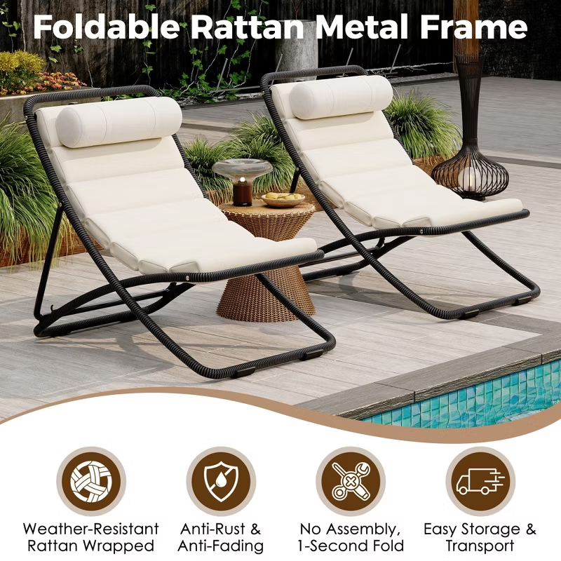 2-Piece Outdoor Folding Lounge Chairs with Cushions & Adjustable Back – Black Frame Patio Chairs for Pool, Backyard, Deck, Camping