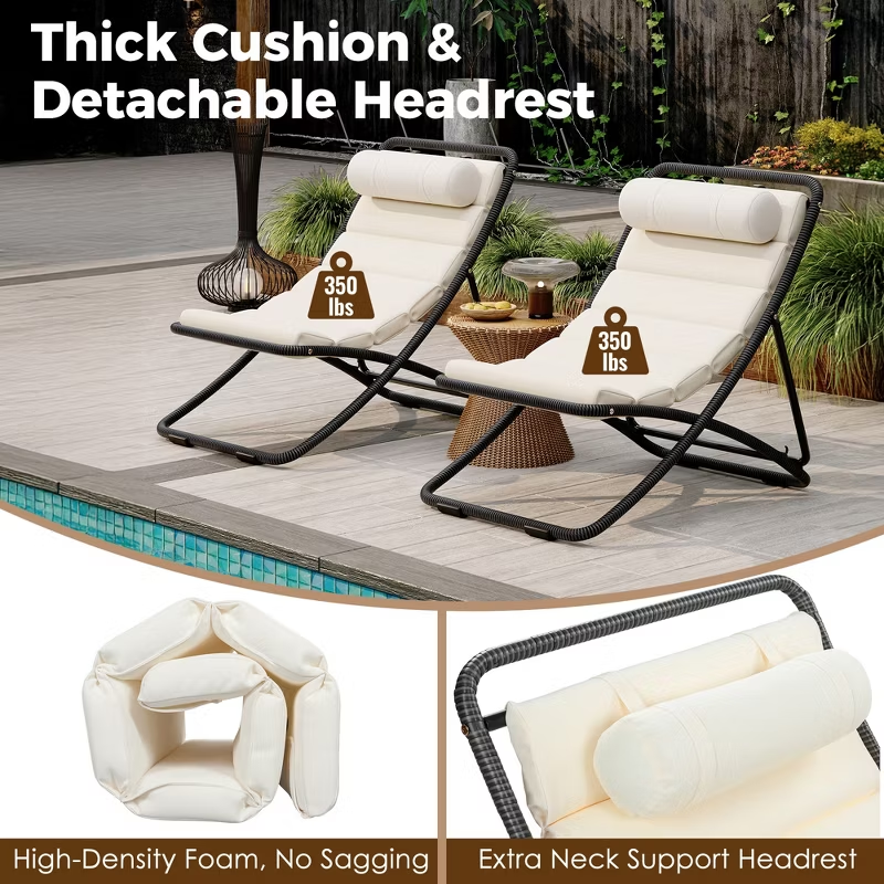 2-Piece Outdoor Folding Lounge Chairs with Cushions & Adjustable Back – Black Frame Patio Chairs for Pool, Backyard, Deck, Camping