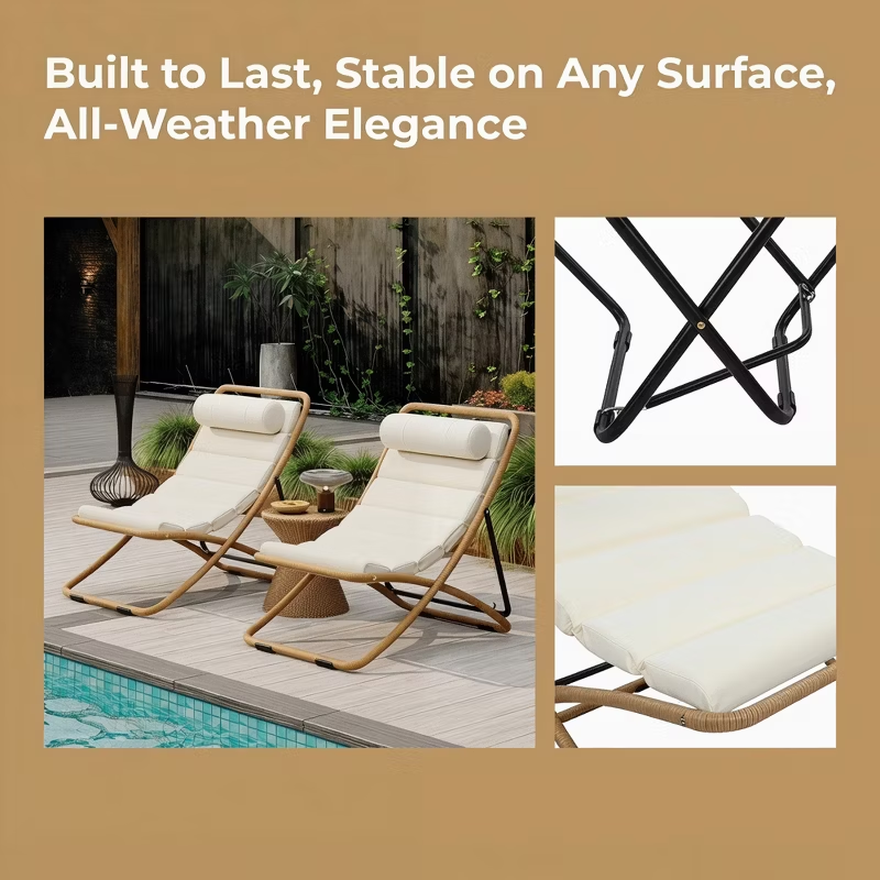 2-Piece Outdoor Folding Lounge Chairs with Cushions & Adjustable Back – Black Frame Patio Chairs for Pool, Backyard, Deck, Camping