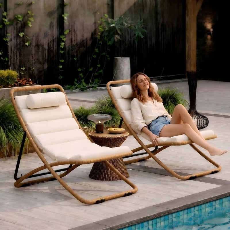 2-Piece Outdoor Folding Lounge Chairs with Cushions & Adjustable Back – Black Frame Patio Chairs for Pool, Backyard, Deck, Camping