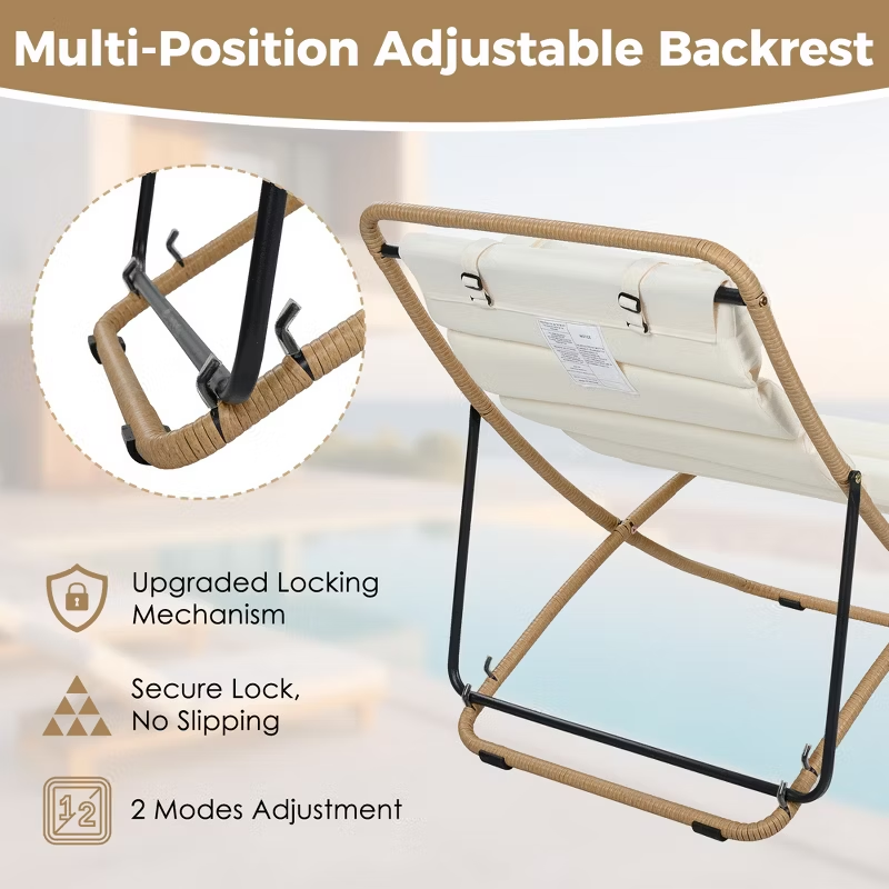 2-Piece Outdoor Folding Lounge Chairs with Cushions & Adjustable Back – Black Frame Patio Chairs for Pool, Backyard, Deck, Camping