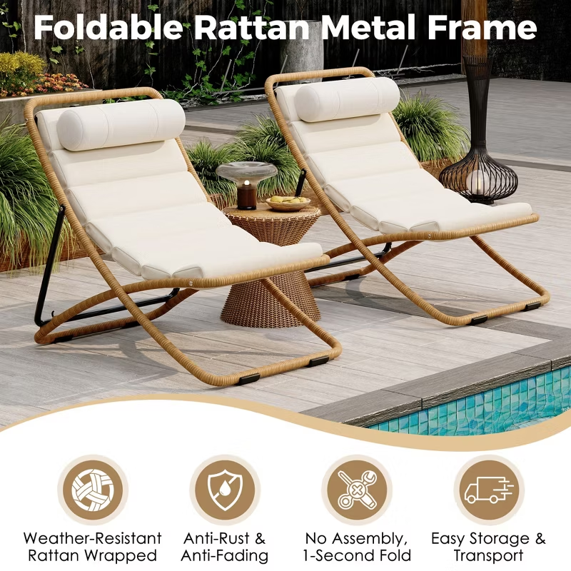 2-Piece Outdoor Folding Lounge Chairs with Cushions & Adjustable Back – Black Frame Patio Chairs for Pool, Backyard, Deck, Camping