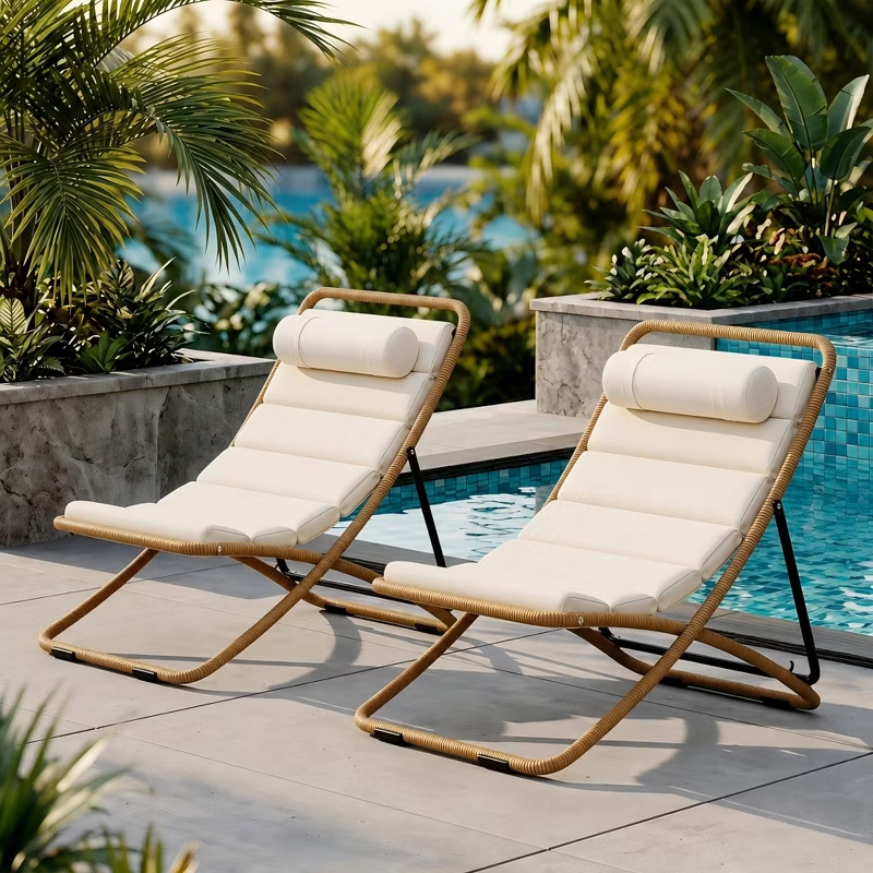 2-Piece Outdoor Folding Lounge Chairs with Cushions & Adjustable Back – Black Frame Patio Chairs for Pool, Backyard, Deck, Camping