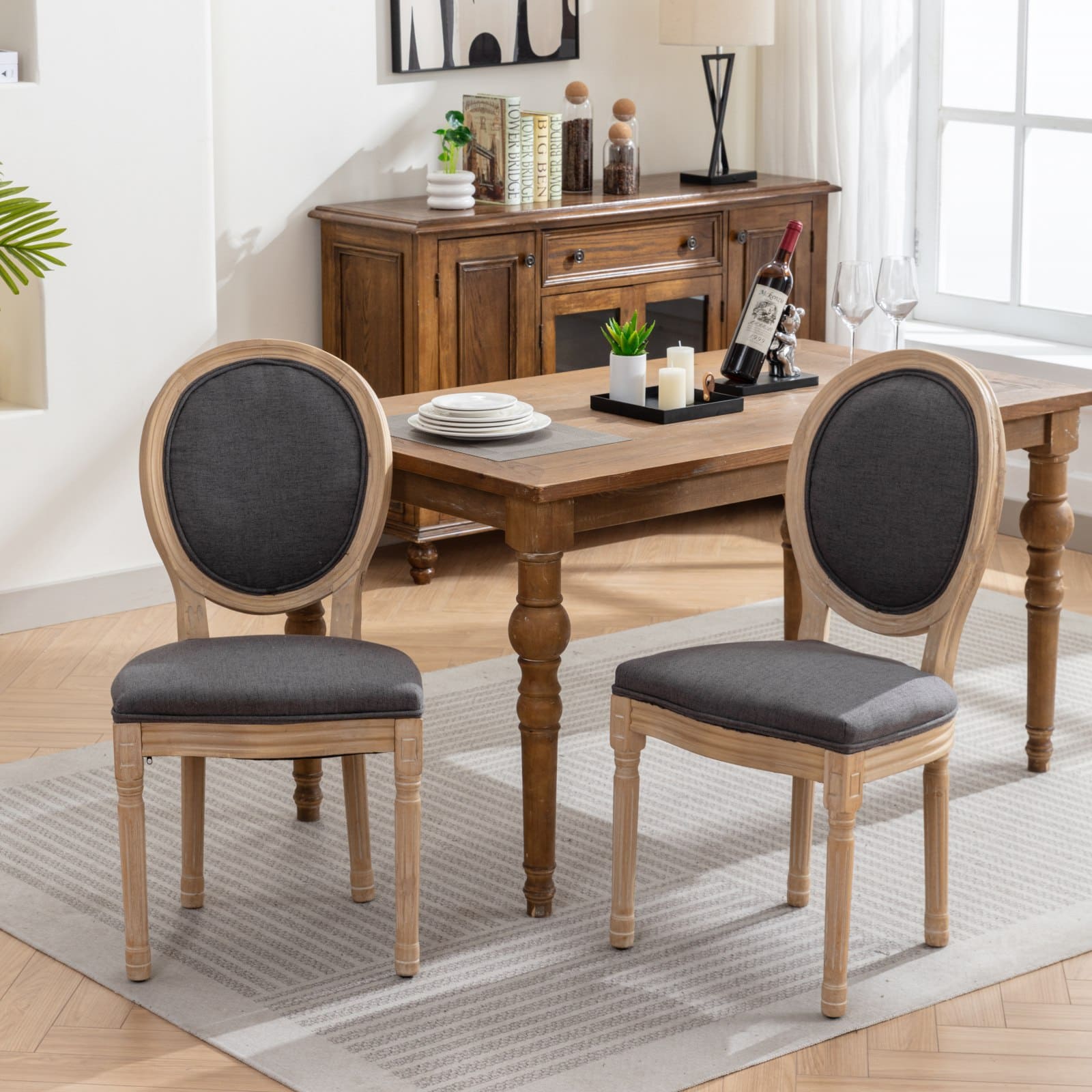 French Country Dining Chairs Set of 2 – Upholstered Oval Back Wood Chairs