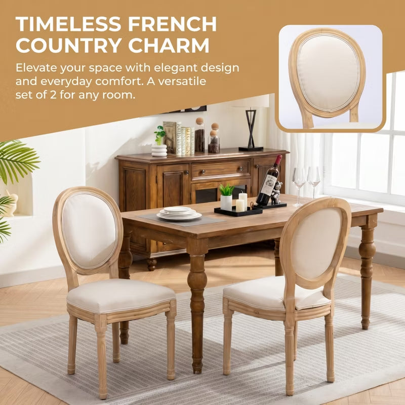 French Country Dining Chairs Set of 2 – Upholstered Oval Back Wood Chairs