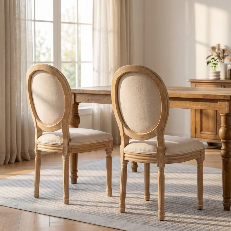 French Country Dining Chairs Set of 2 – Upholstered Oval Back Wood Chairs