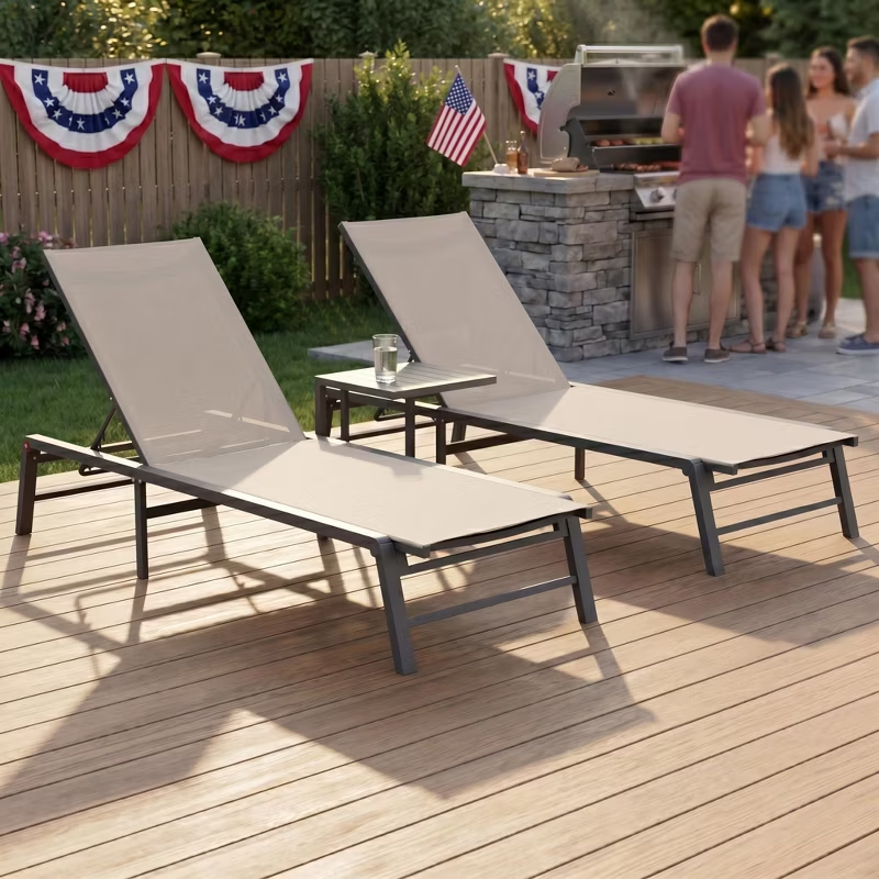 Fully Assembled Aluminum Outdoor Chaise Lounge Set of 2, Adjustable Lay Flat Patio Pool Sun Lounger, Rust-Proof Summer & July 4th Celebrations
