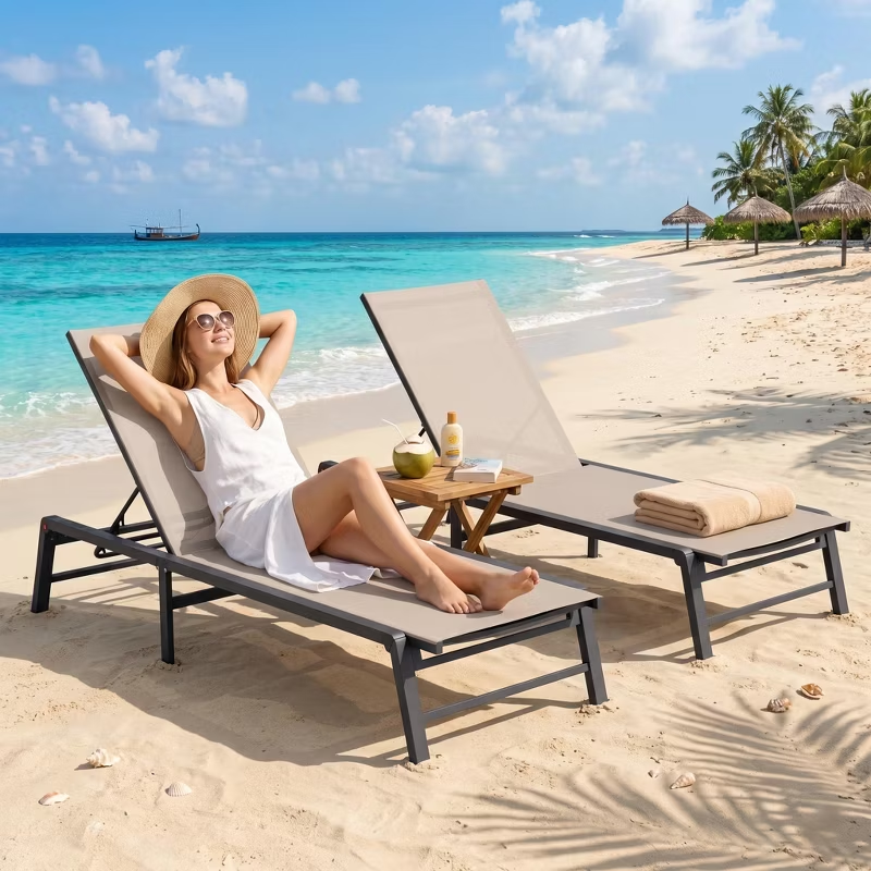 Fully Assembled Aluminum Outdoor Chaise Lounge Set of 2, Adjustable Lay Flat Patio Pool Sun Lounger, Rust-Proof Summer & July 4th Celebrations