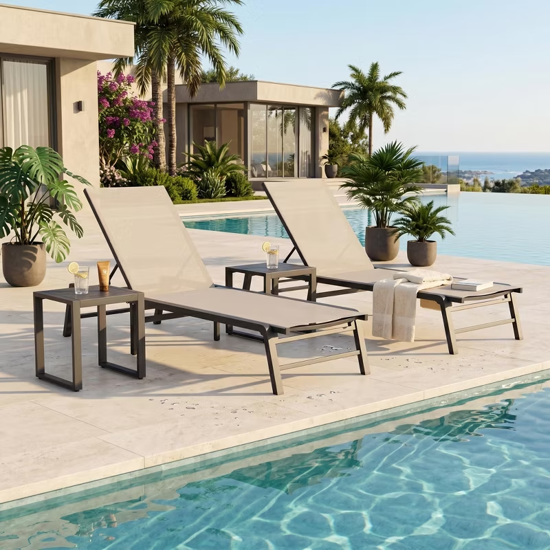 Fully Assembled Aluminum Outdoor Chaise Lounge Set of 2, Adjustable Lay Flat Patio Pool Sun Lounger, Rust-Proof Summer & July 4th Celebrations