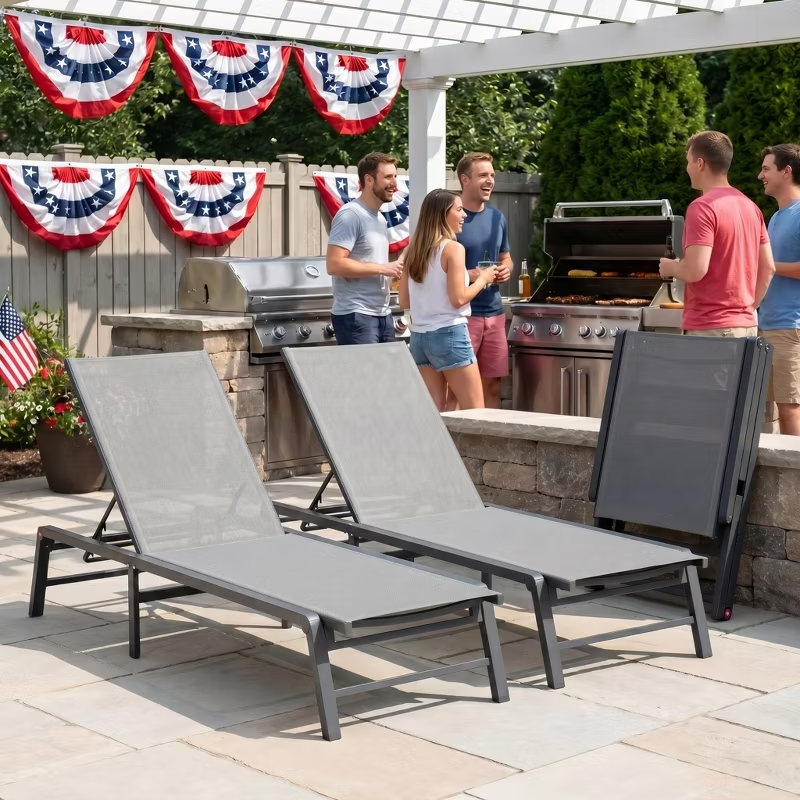 Fully Assembled Aluminum Outdoor Chaise Lounge Set of 2, Adjustable Lay Flat Patio Pool Sun Lounger, Rust-Proof Summer & July 4th Celebrations