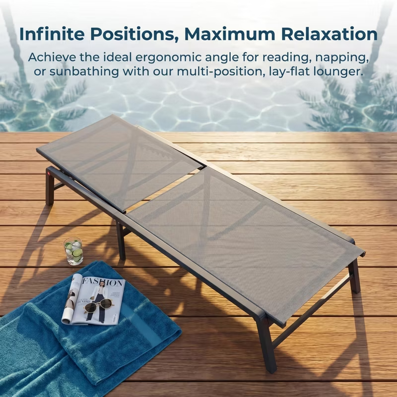 Fully Assembled Aluminum Outdoor Chaise Lounge Set of 2, Adjustable Lay Flat Patio Pool Sun Lounger, Rust-Proof Summer & July 4th Celebrations