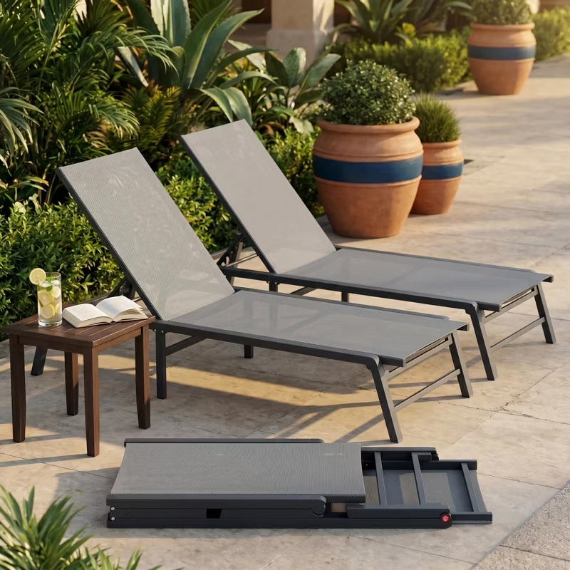 Fully Assembled Aluminum Outdoor Chaise Lounge Set of 2, Adjustable Lay Flat Patio Pool Sun Lounger, Rust-Proof Summer & July 4th Celebrations