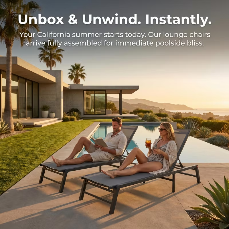 Fully Assembled Aluminum Outdoor Chaise Lounge Set of 2, Adjustable Lay Flat Patio Pool Sun Lounger, Rust-Proof Summer & July 4th Celebrations