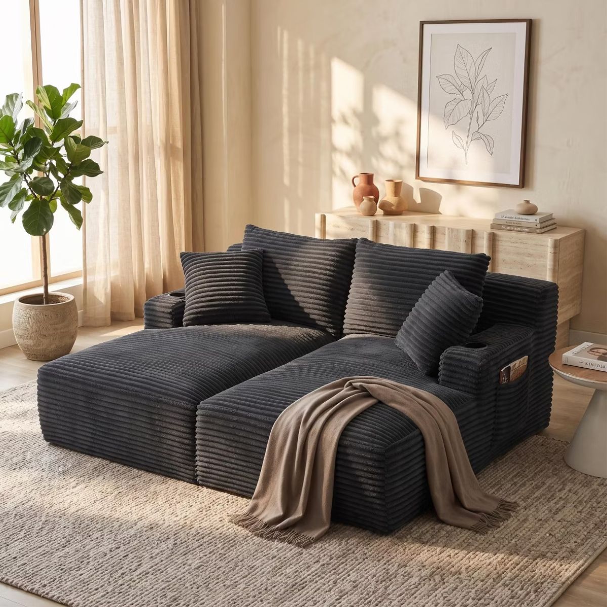 Double Chaise Lounge Sofa, Modular Sleeper with Cupholders & Corduroy Upholstery