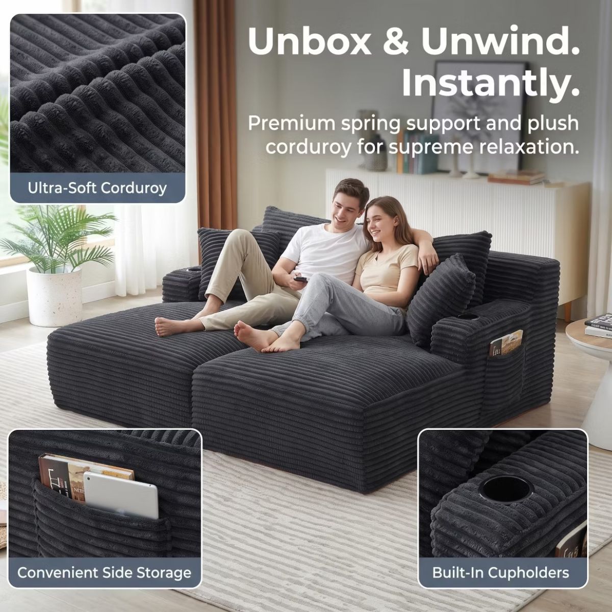 Double Chaise Lounge Sofa, Modular Sleeper with Cupholders & Corduroy Upholstery