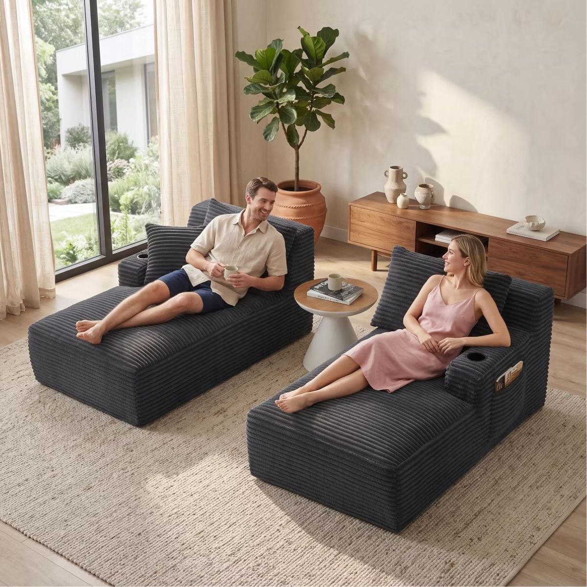 Double Chaise Lounge Sofa, Modular Sleeper with Cupholders & Corduroy Upholstery