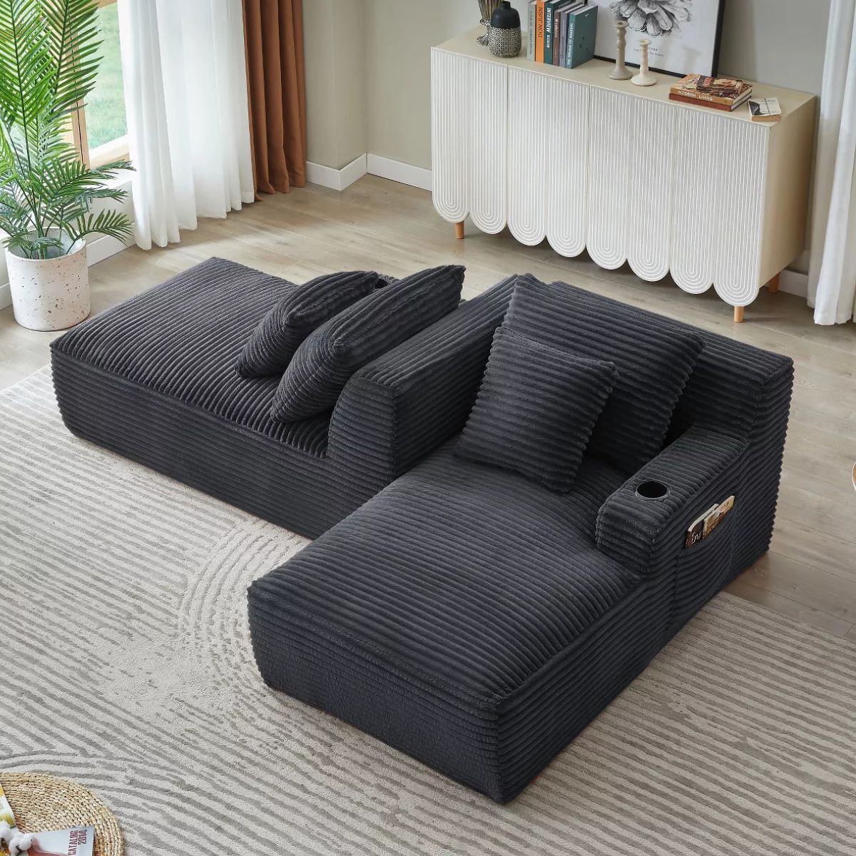 Double Chaise Lounge Sofa, Modular Sleeper with Cupholders & Corduroy Upholstery