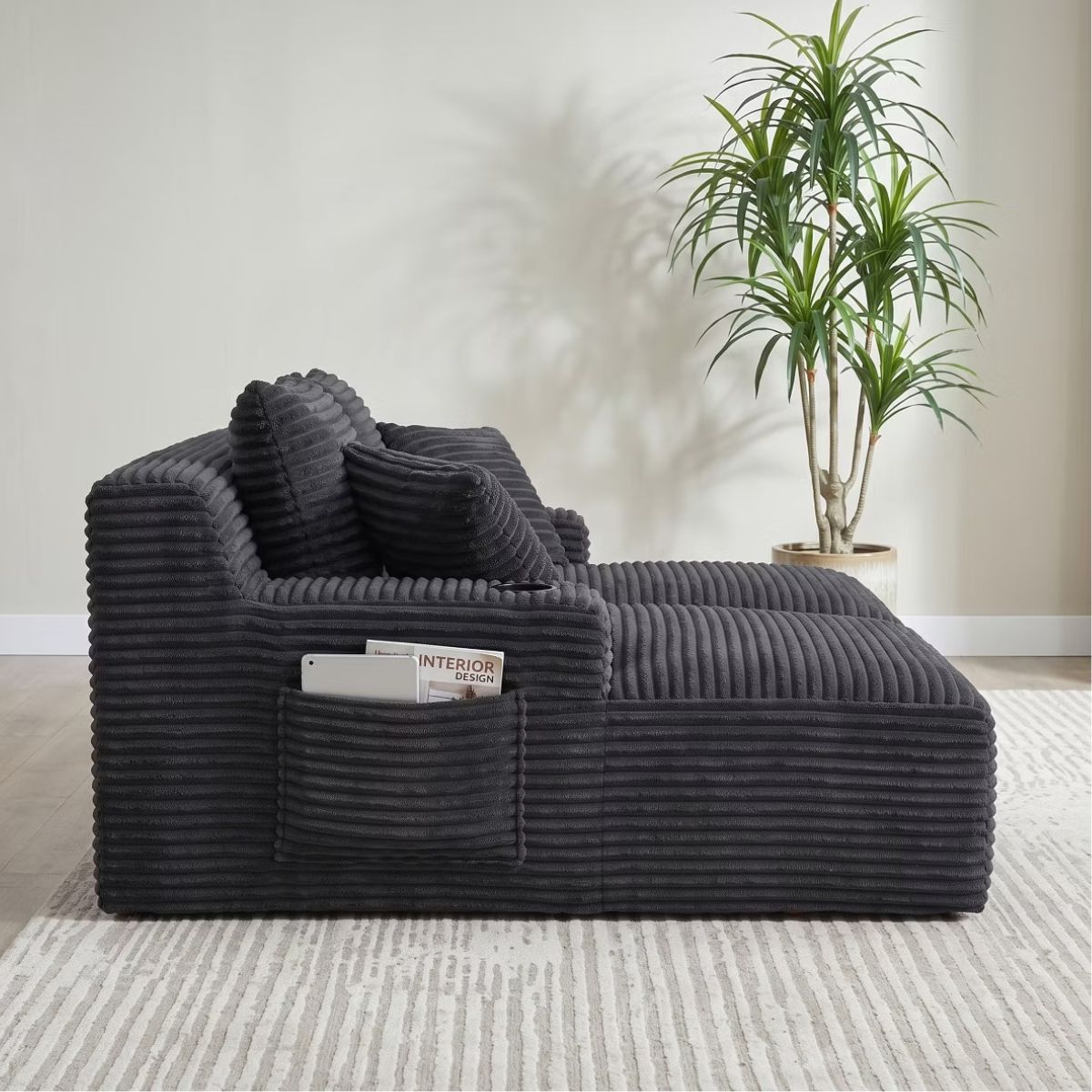 Double Chaise Lounge Sofa, Modular Sleeper with Cupholders & Corduroy Upholstery