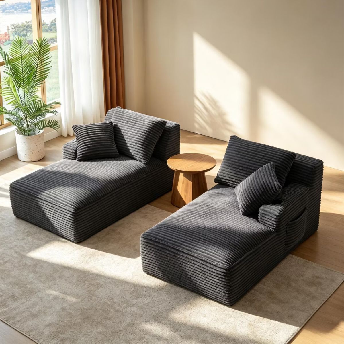 Double Chaise Lounge Sofa, Modular Sleeper with Cupholders & Corduroy Upholstery