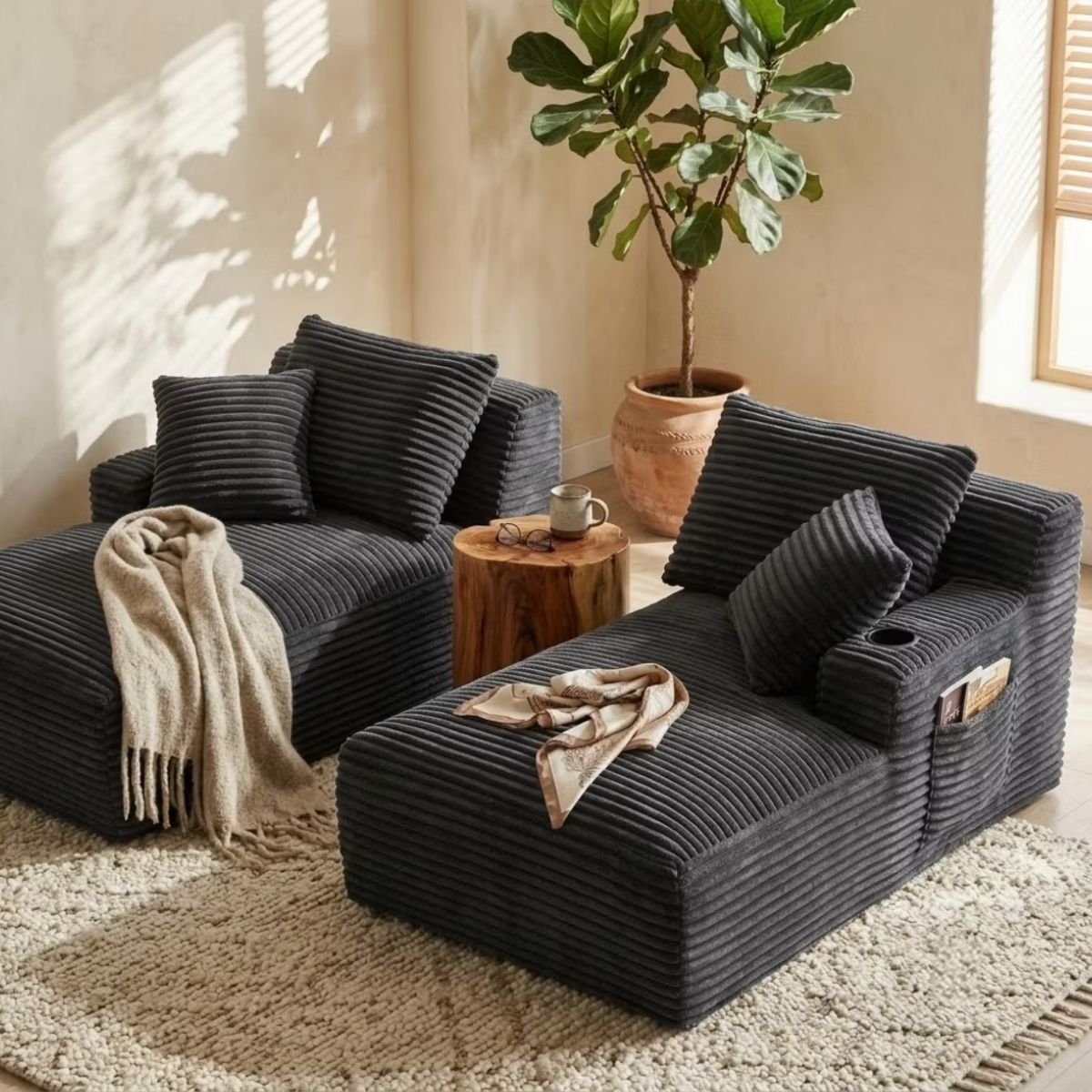 Double Chaise Lounge Sofa, Modular Sleeper with Cupholders & Corduroy Upholstery